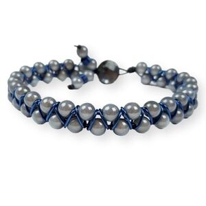 Double Strand Beaded Bracelet Light Gray Blue Ball Bead Wire Accent 8.5" Long